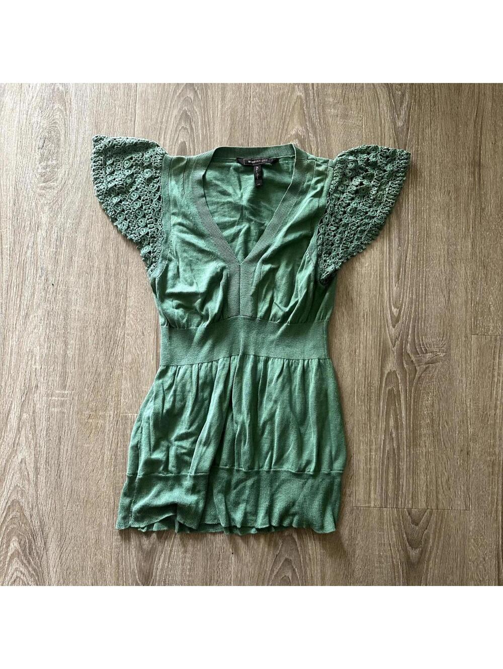 BCBG Green Y2K Knit Blouse with Ruffle Sleeves